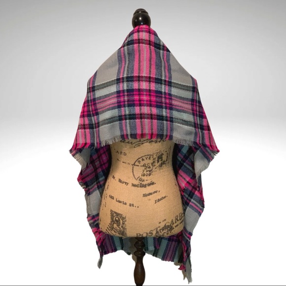 Betsey Johnson Large Multicolor Plaid Embellished Scarf with Fringe Border 76x30 - Picture 6 of 8